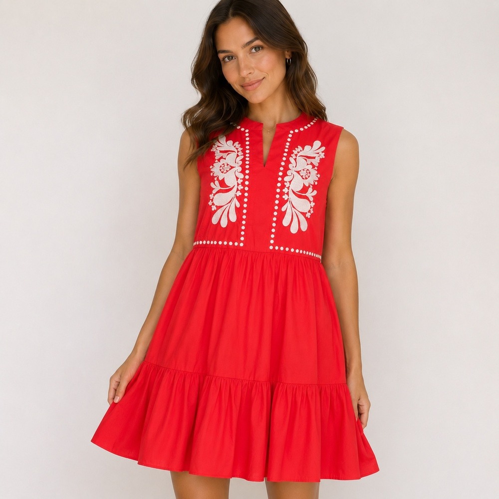 Avara Women Julie NEW Embroidered Tiered Dress M Red Preppy Coastal Boho